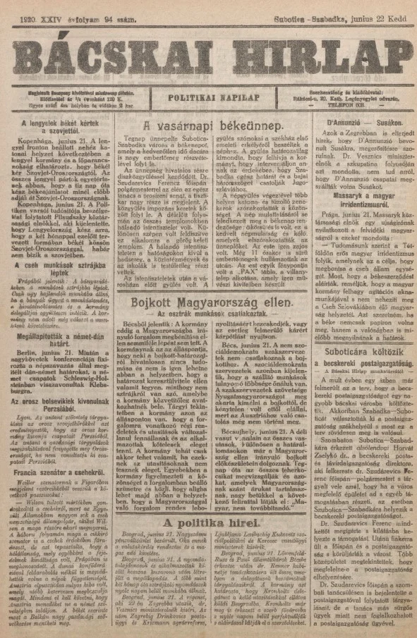 Bácskai Hirlap, 24. évf. 1920. június 22. 94. sz.