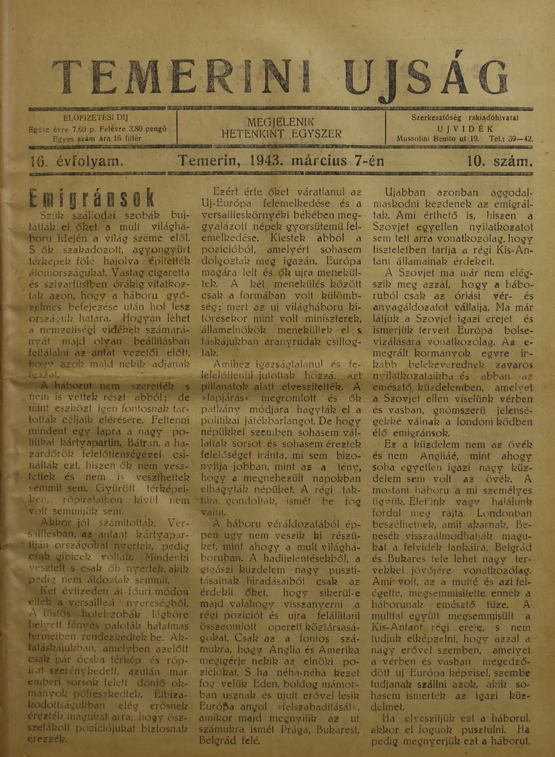Temerini Újság 1928-1944, 16. évf. 1943. március 7. 10. sz.