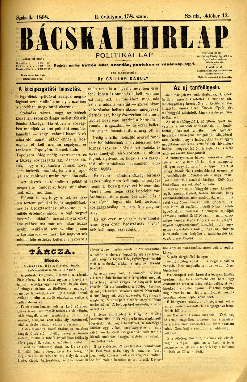 Bácskai Hirlap, 2. évf. 1898. október 12. 158. sz. 1–4. oldal