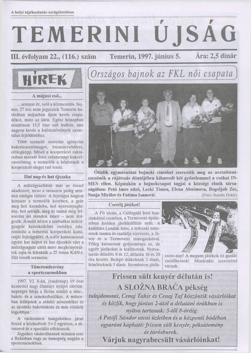 Temerini Újság, 3. évf. 1997. június 5. 22. sz.