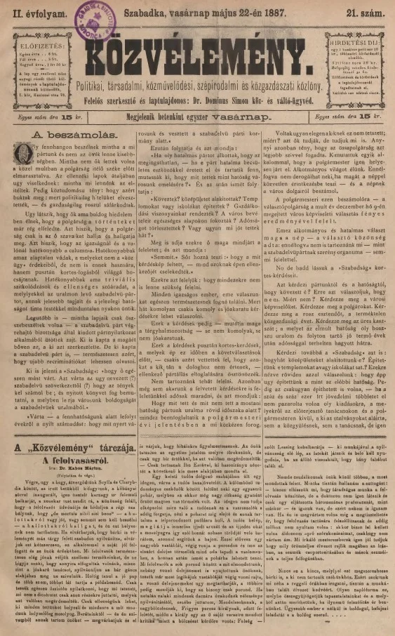 Közvélemény, 2. évf. 1887. május 22. 21. sz.
