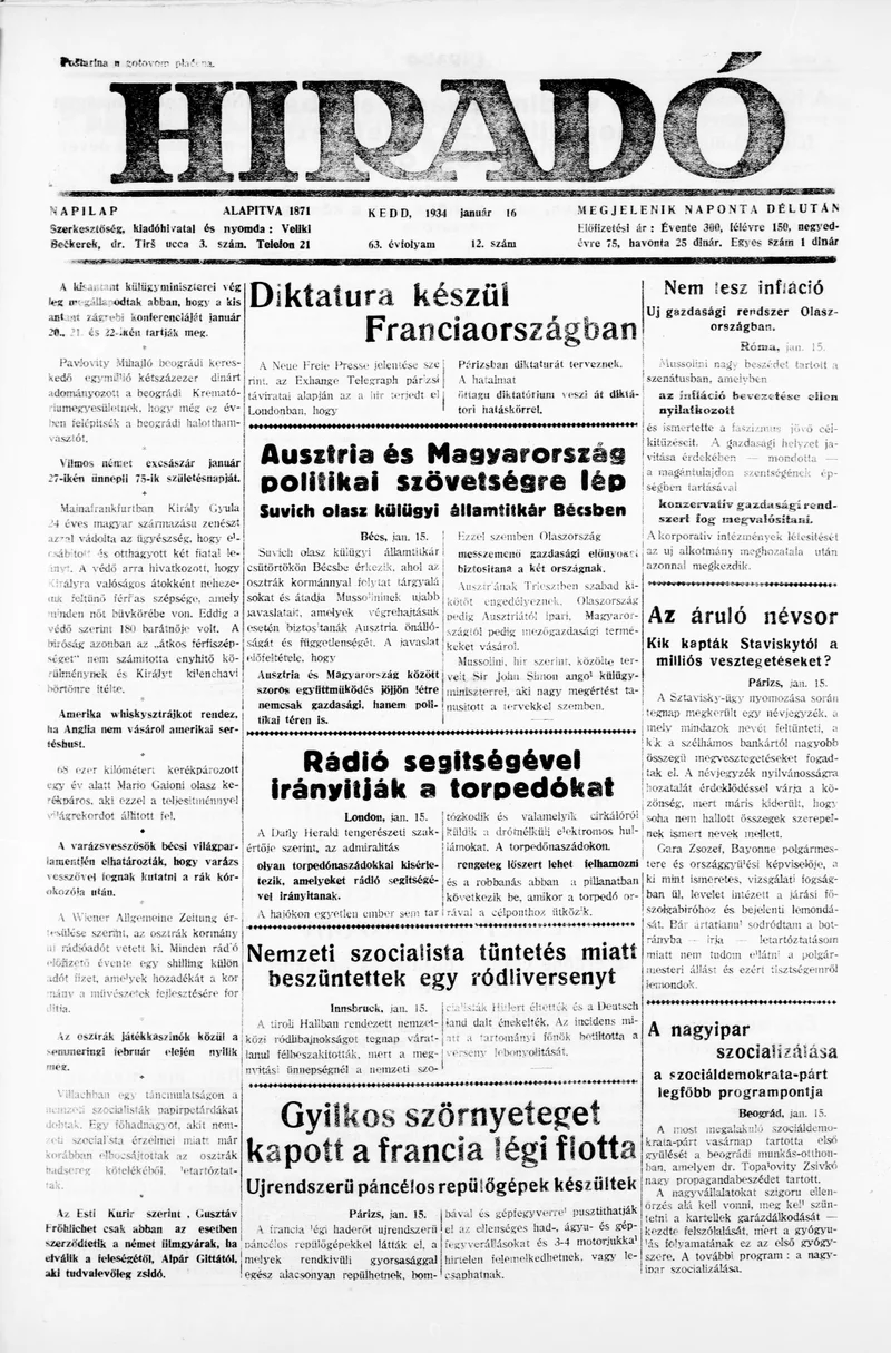 Híradó, 63. évf. 1934. január 16. 12. sz.
