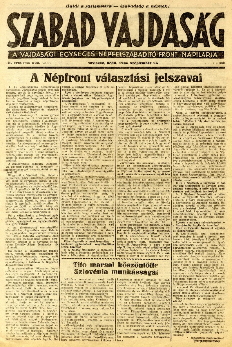Szabad Vajdaság, 2. évf. 1945. szeptember 25. 222. sz.