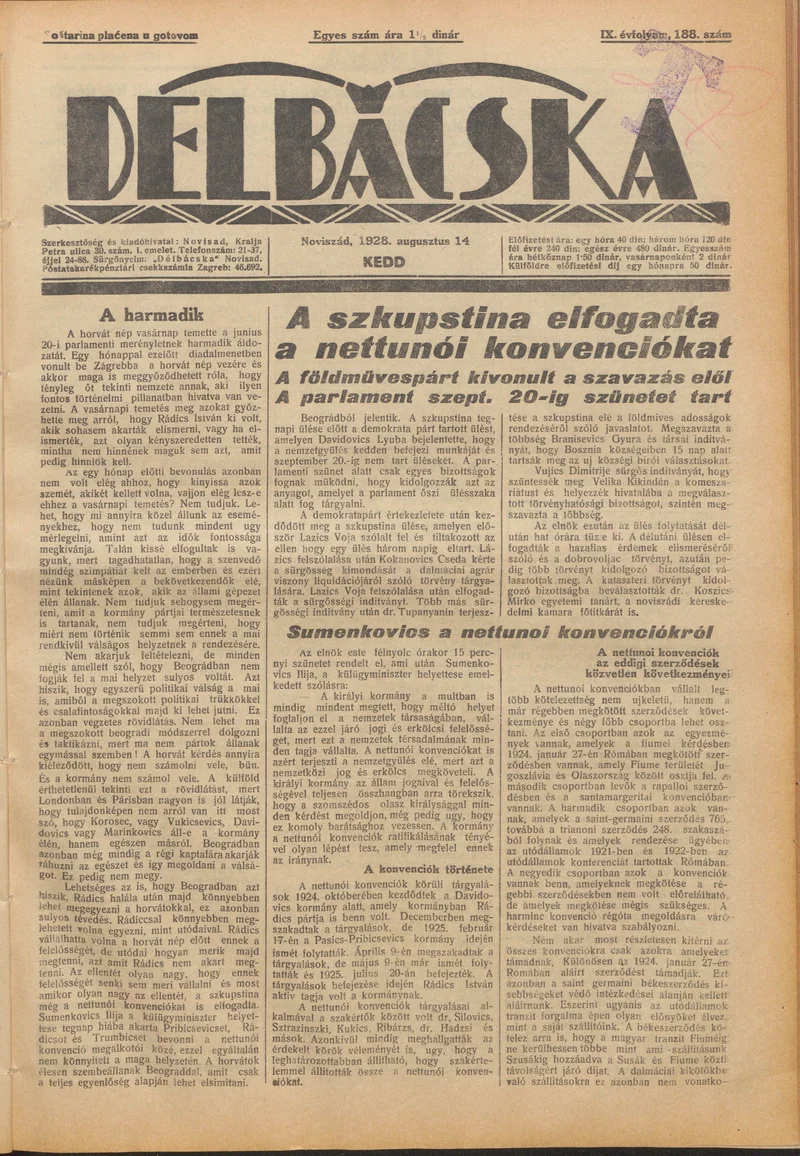 Délbácska, 9. évf. 1928. augusztus 14. 188. sz.