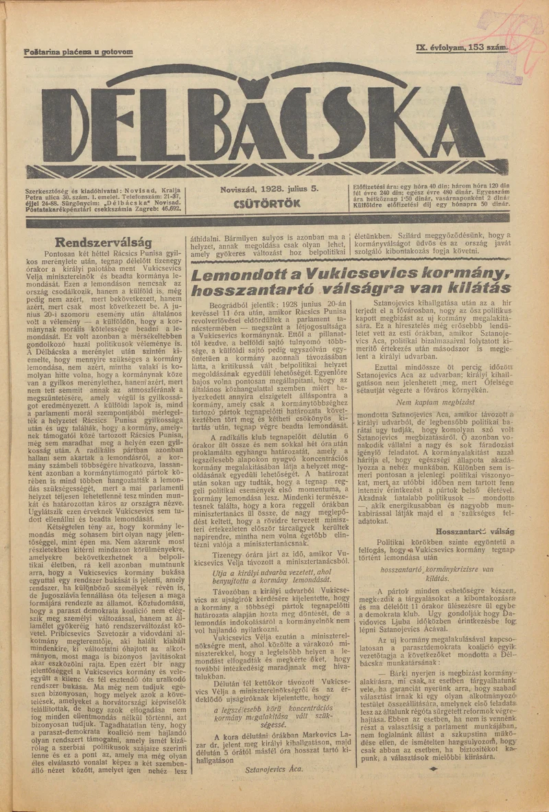 Délbácska, 9. évf. 1928. július 5. 153. sz.