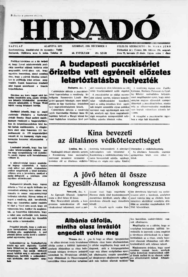 Híradó, 60. évf. 1931. december 5. 281. sz.