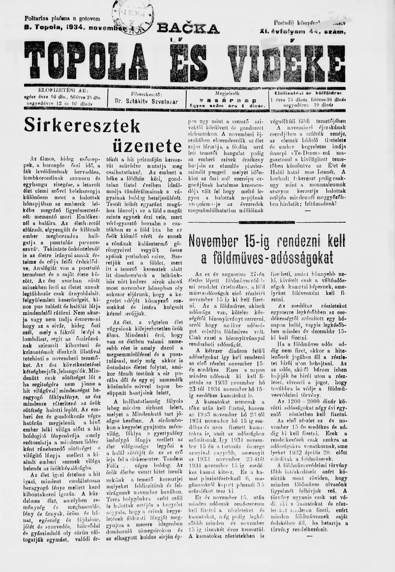 Bačka Topola és Vidéke, 11. évf. 1934. november 4. 44. sz.