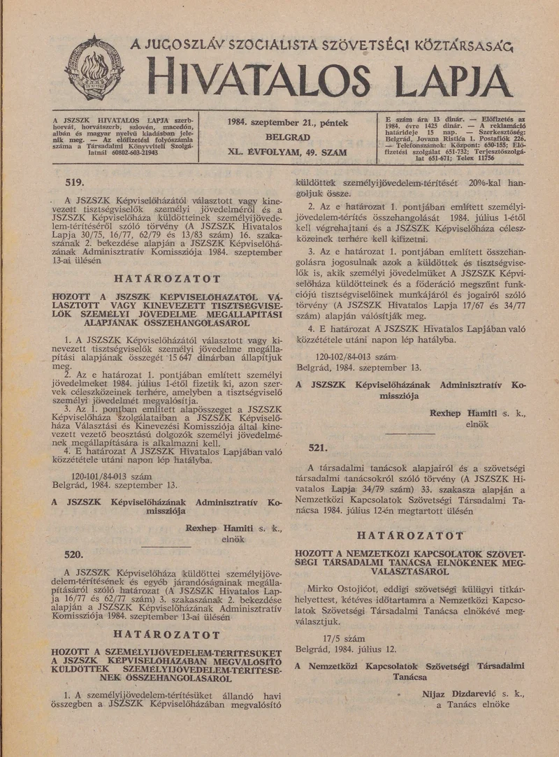 A Jugoszláv Szocialista Szövetségi Köztársaság Hivatalos Lapja, 40. évf. 1984. szeptember 21. 49. sz. 1155–1170. oldal