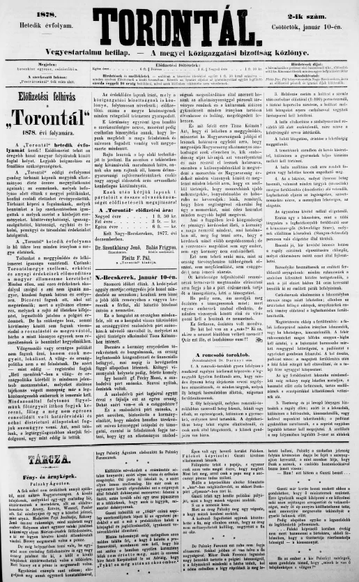 Torontál, 7. évf. 1878. január 10. 2. sz.
