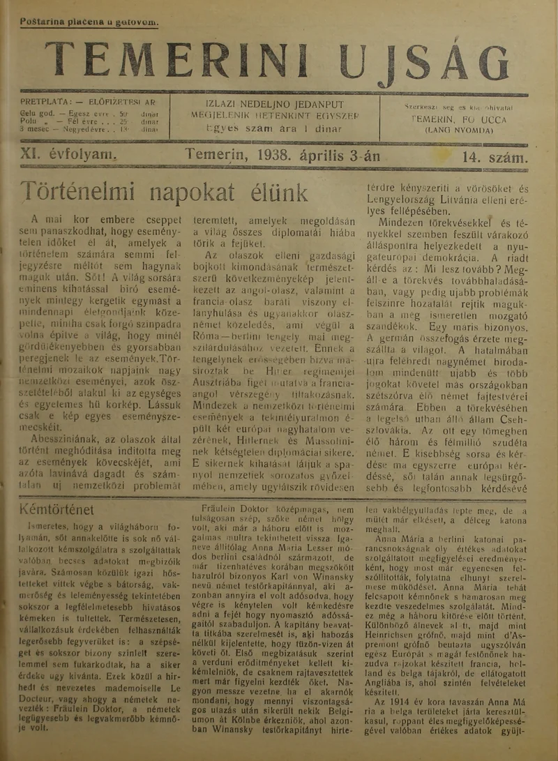 Temerini Újság 1928-1944, 11. évf. 1938. április 3. 14. sz.