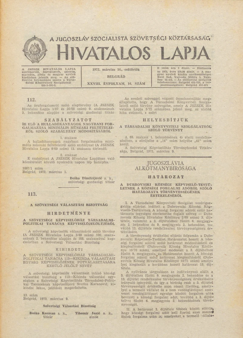 A Jugoszláv Szocialista Szövetségi Köztársaság Hivatalos Lapja, 28. évf. 1972. március 16. 16. sz. 349–352. oldal