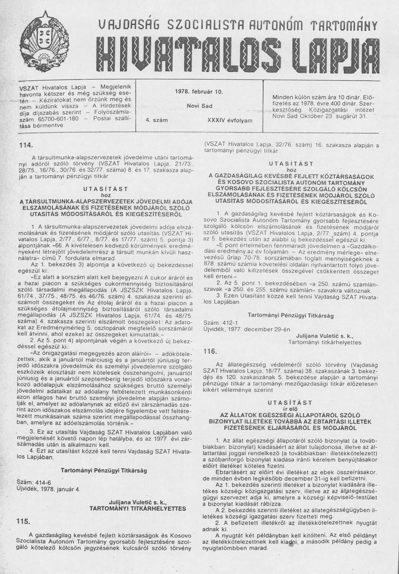 Vajdaság Szocialista Autonóm Tartomány Hivatalos Lapja, 34. évf. 1978. február 10. 4. sz. 133–160. oldal