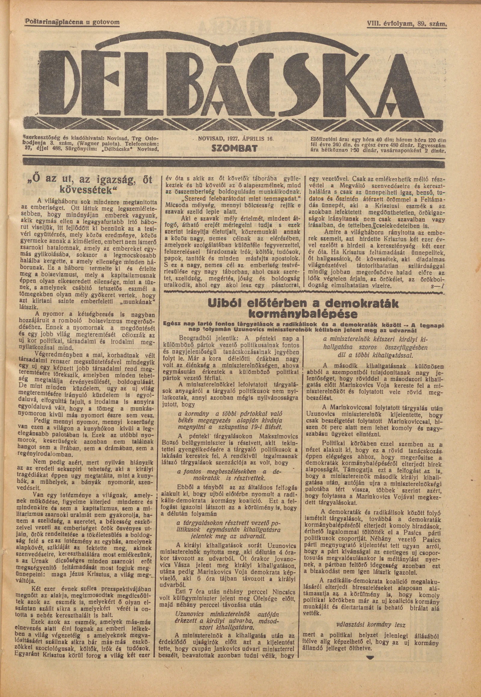 Délbácska, 8. évf. 1927. április 16. 89. sz.