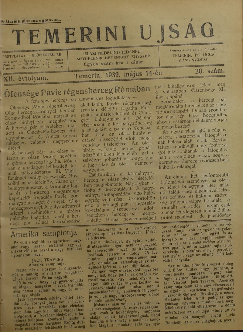 Temerini Újság 1928-1944, 12. évf. 1939. május 14. 20. sz.