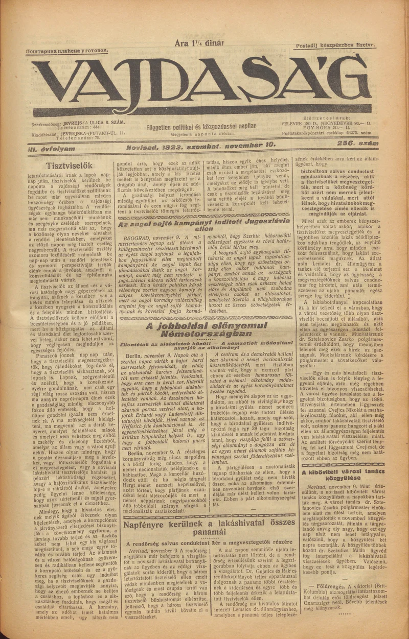 Vajdaság, 3. évf. 1923. november 10. 256. sz.