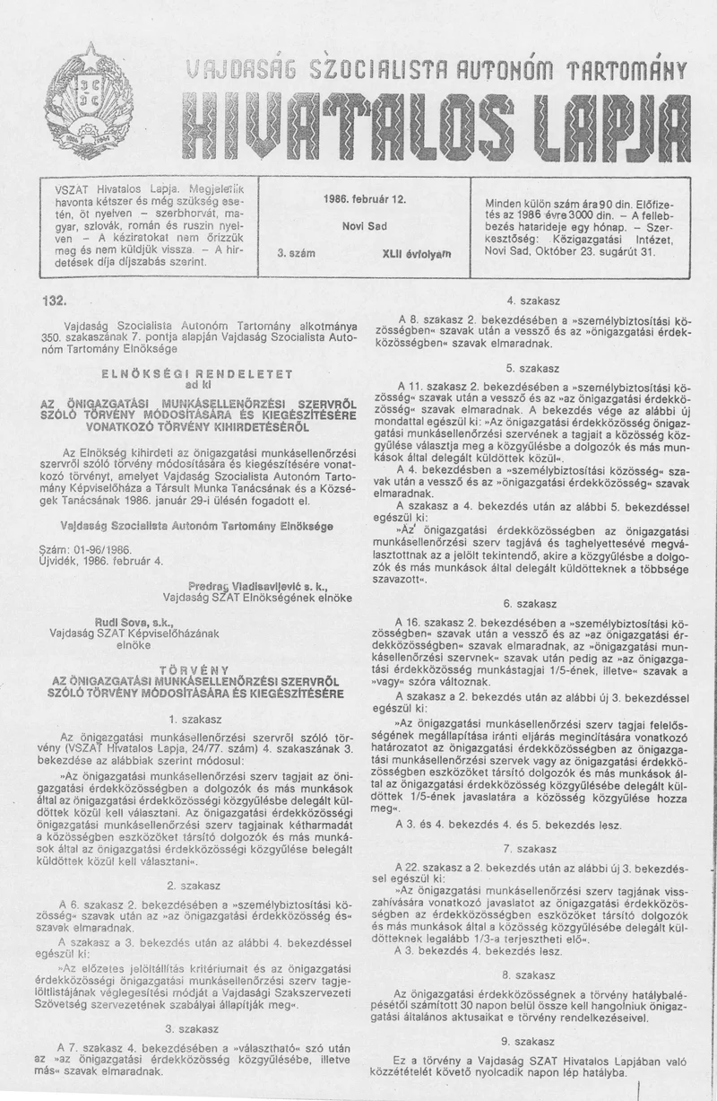 Vajdaság Szocialista Autonóm Tartomány Hivatalos Lapja, 42. évf. 1986. február 12. 3. sz.