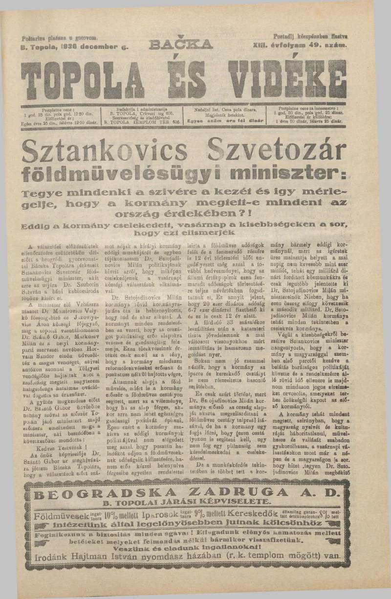 Bačka Topola és Vidéke, 13. évf. 1936. december 6. 49. sz.
