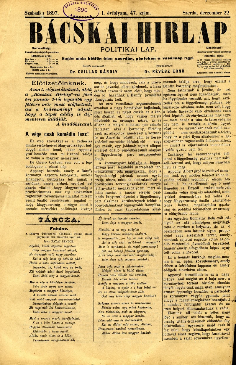 Bácskai Hirlap, 1. évf. 1897. december 22. 47. sz. 1–4. oldal