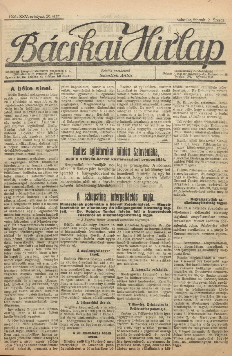 Bácskai Hirlap, 25. évf. 1921. február 2. 26. sz.
