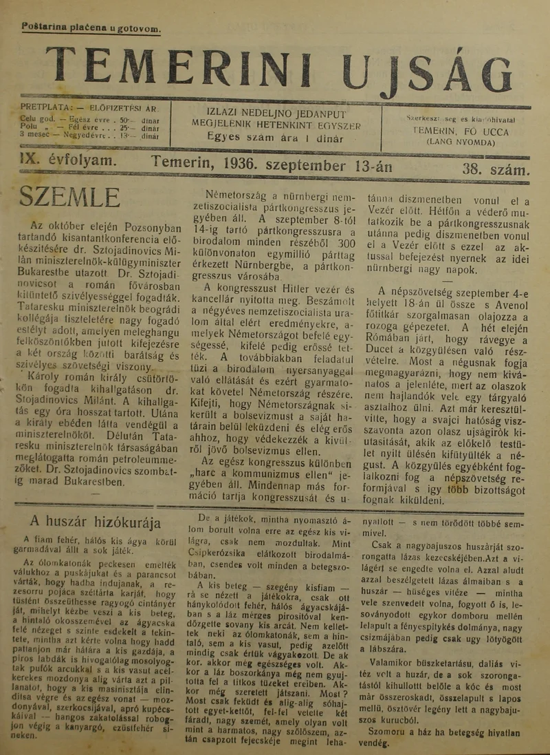 Temerini Újság 1928-1944, 9. évf. 1936. szeptember 13. 38. sz.