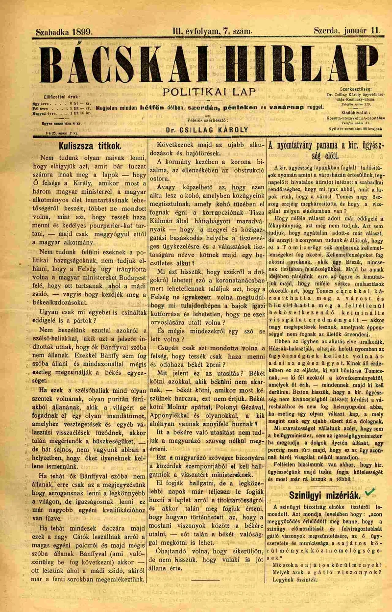 Bácskai Hirlap, 3. évf. 1899. január 11. 7. sz.