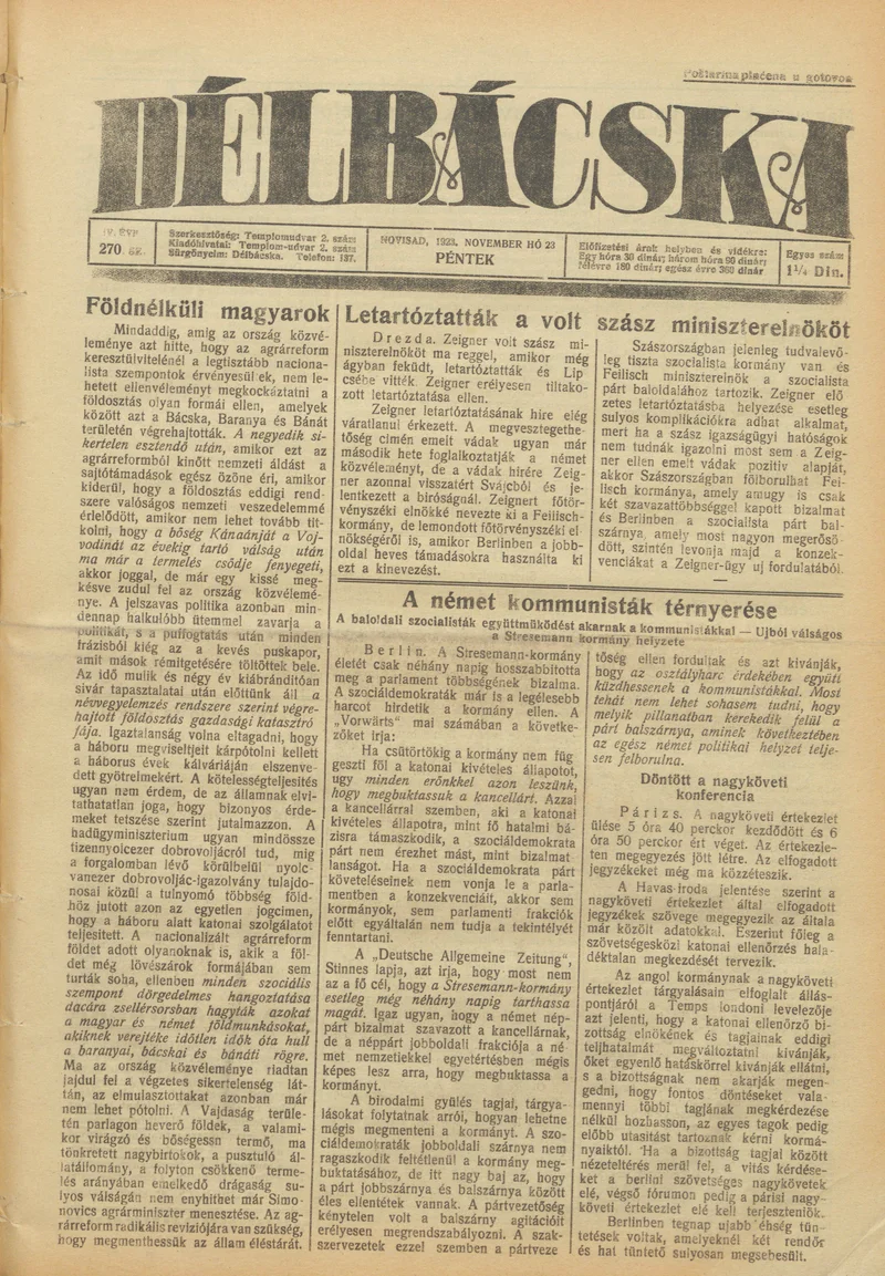 Délbácska, 4. évf. 1923. november 23. 270. sz.