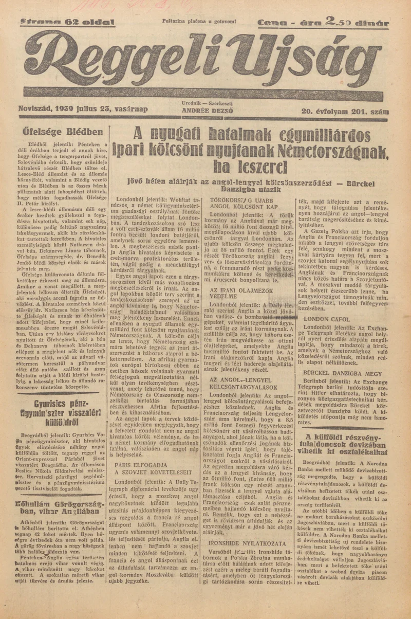 Reggeli Újság, 20. évf. 1939. július 23. 201. sz.