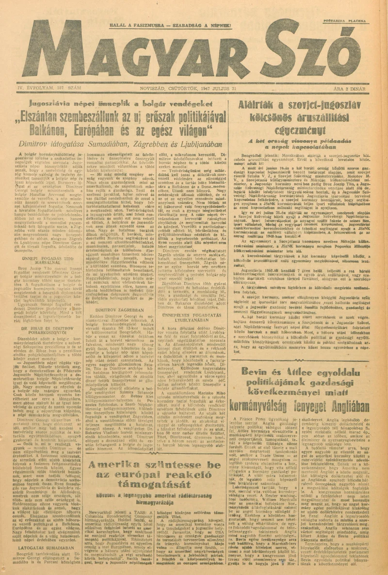 Magyar Szó, 4. évf. 1947. július 31. 187. sz. 1–8. oldal