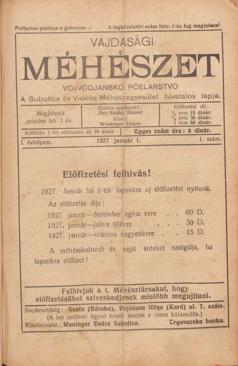 Vajdasági méhészet, 2. évf. 1927. január 1. 1. sz.