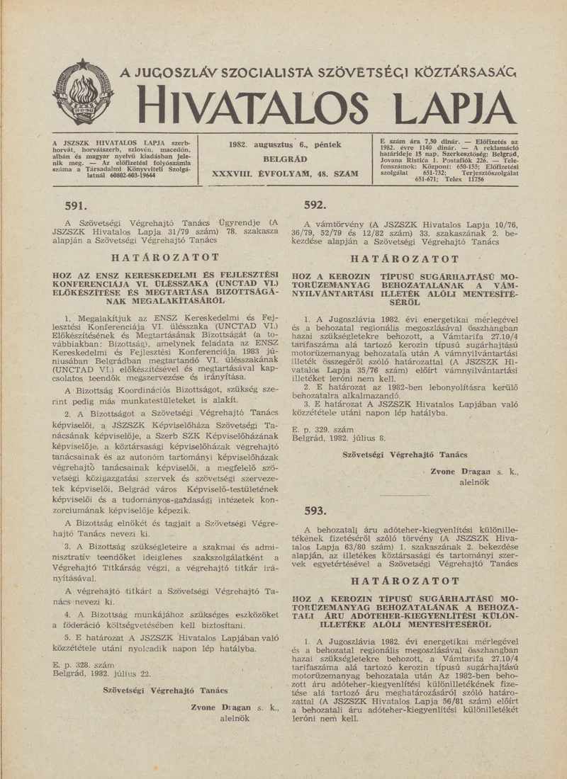 A Jugoszláv Szocialista Szövetségi Köztársaság Hivatalos Lapja, 38. évf. 1982. augusztus 6. 48. sz. 1229–1240. oldal
