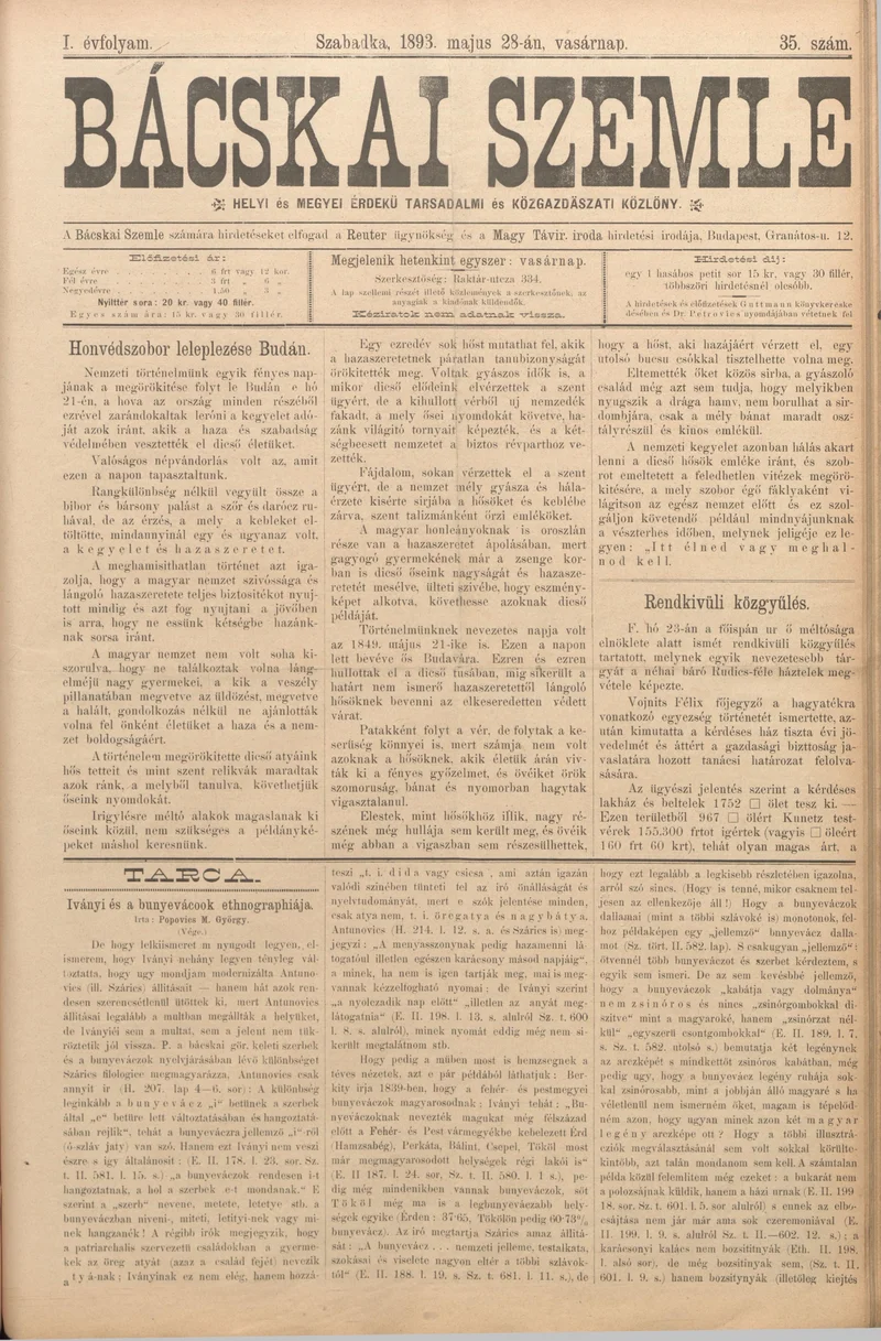 Bácskai Szemle, 1. évf. 1893. május 28. 35. sz.
