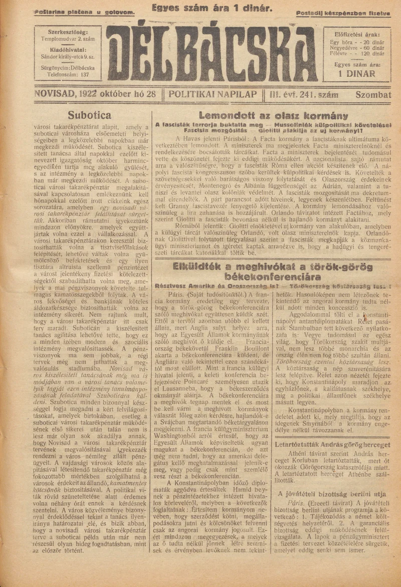 Délbácska, 3. évf. 1922. október 28. 241. sz.