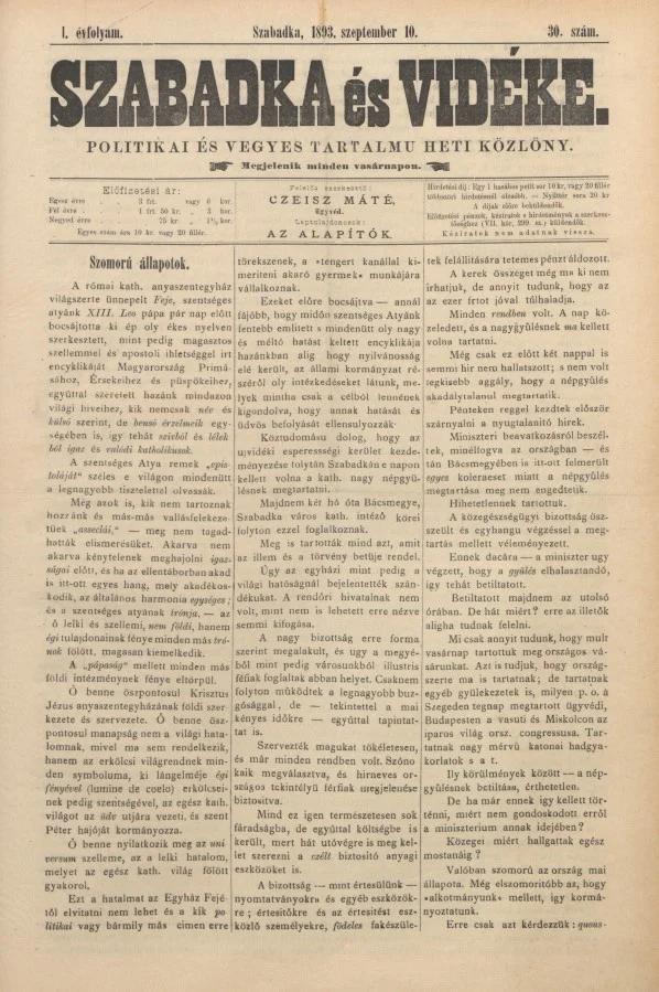 Szabadka és vidéke II, 2. évf. 1893. szeptember 10. 30. sz.