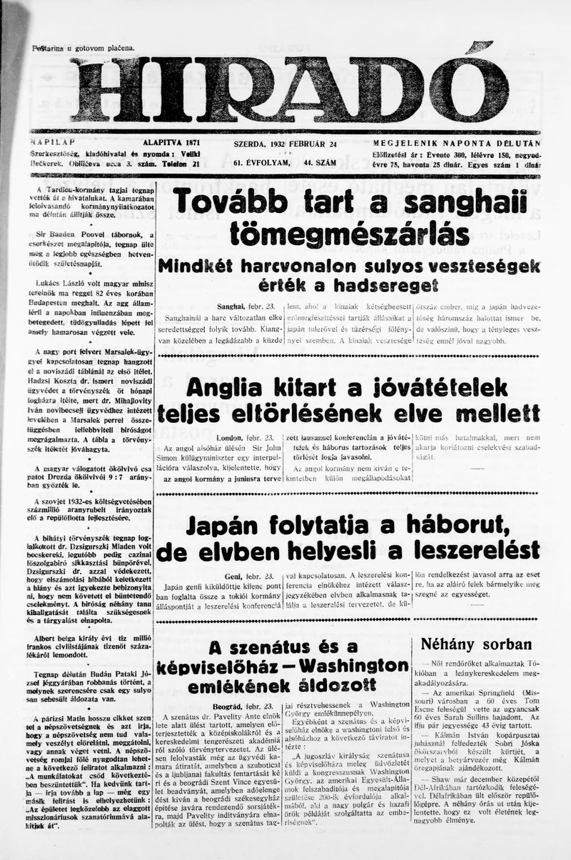Híradó, 61. évf. 1932. február 24. 44. sz.