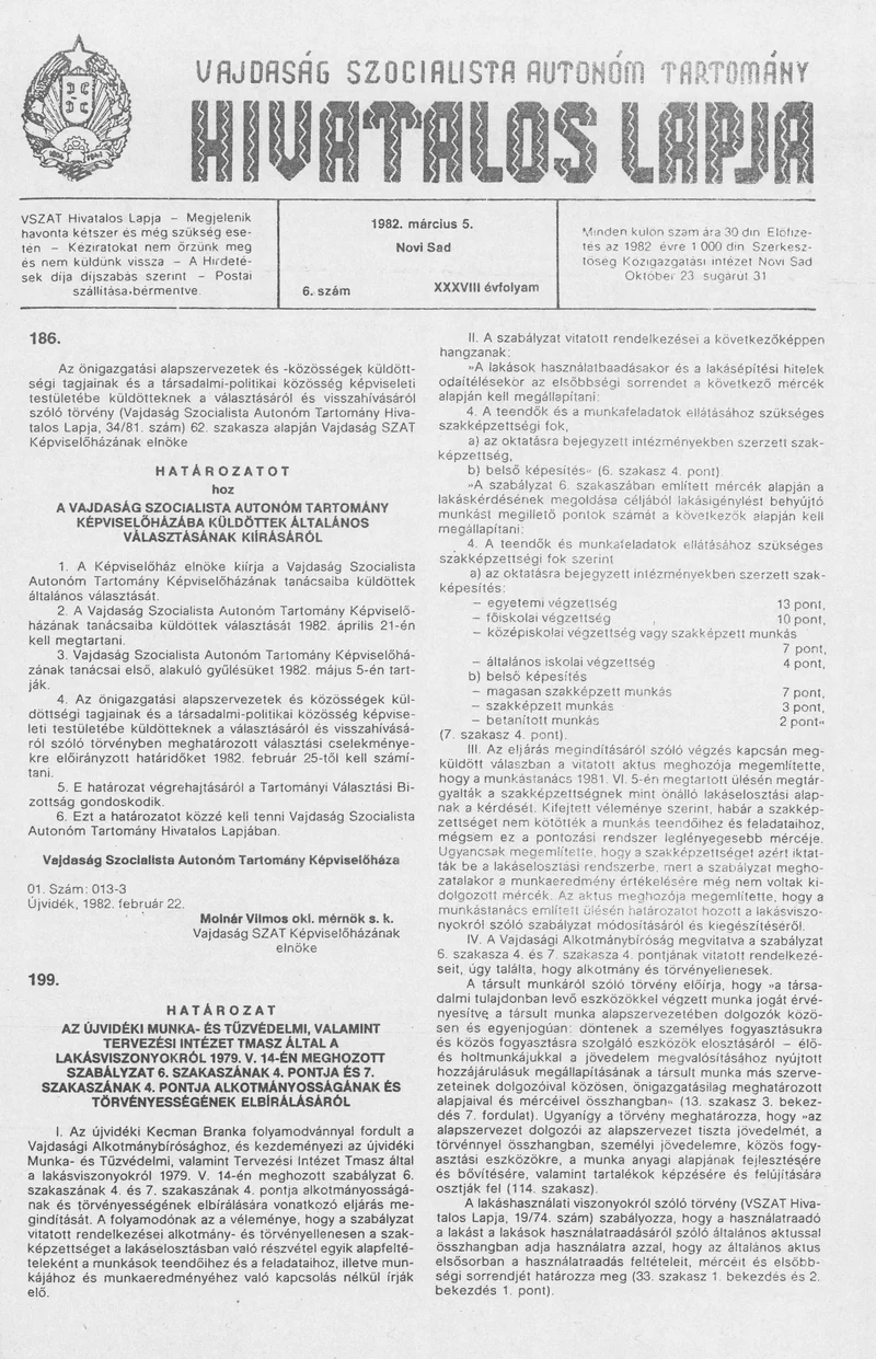 Vajdaság Szocialista Autonóm Tartomány Hivatalos Lapja, 38. évf. 1982. március 5. 6. sz.