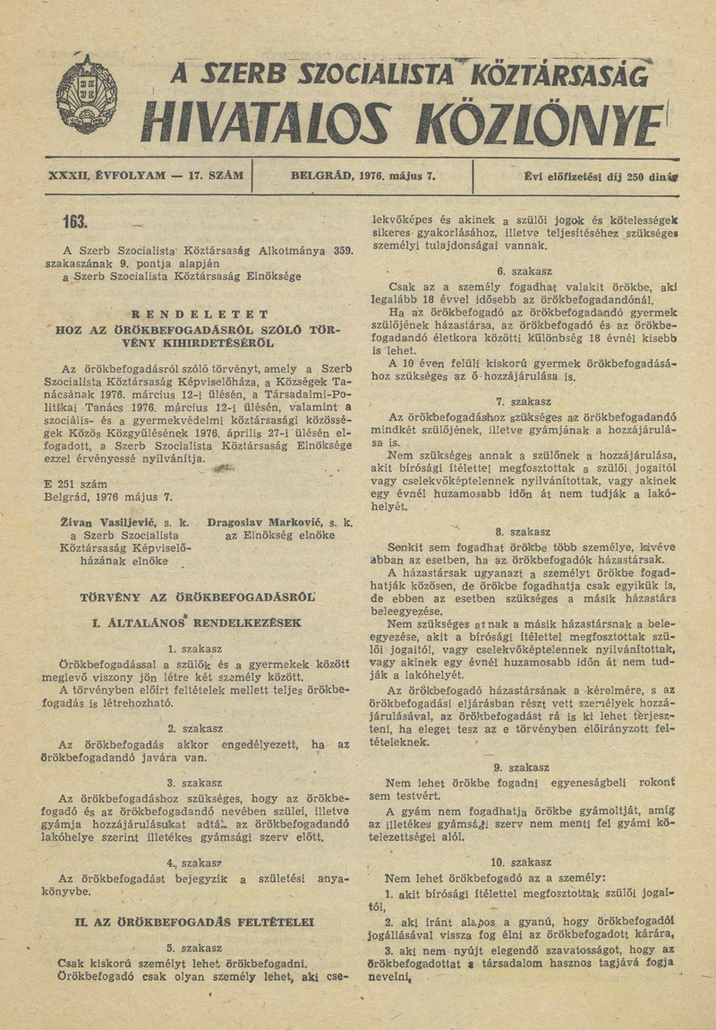 A Szerb Szocialista Köztársaság Hivatalos Közlönye, 32. évf. 1976. május 7. 17. sz. 5–8. oldal