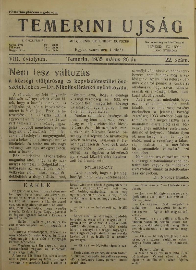 Temerini Újság 1928-1944, 8. évf. 1935. május 26. 22. sz.