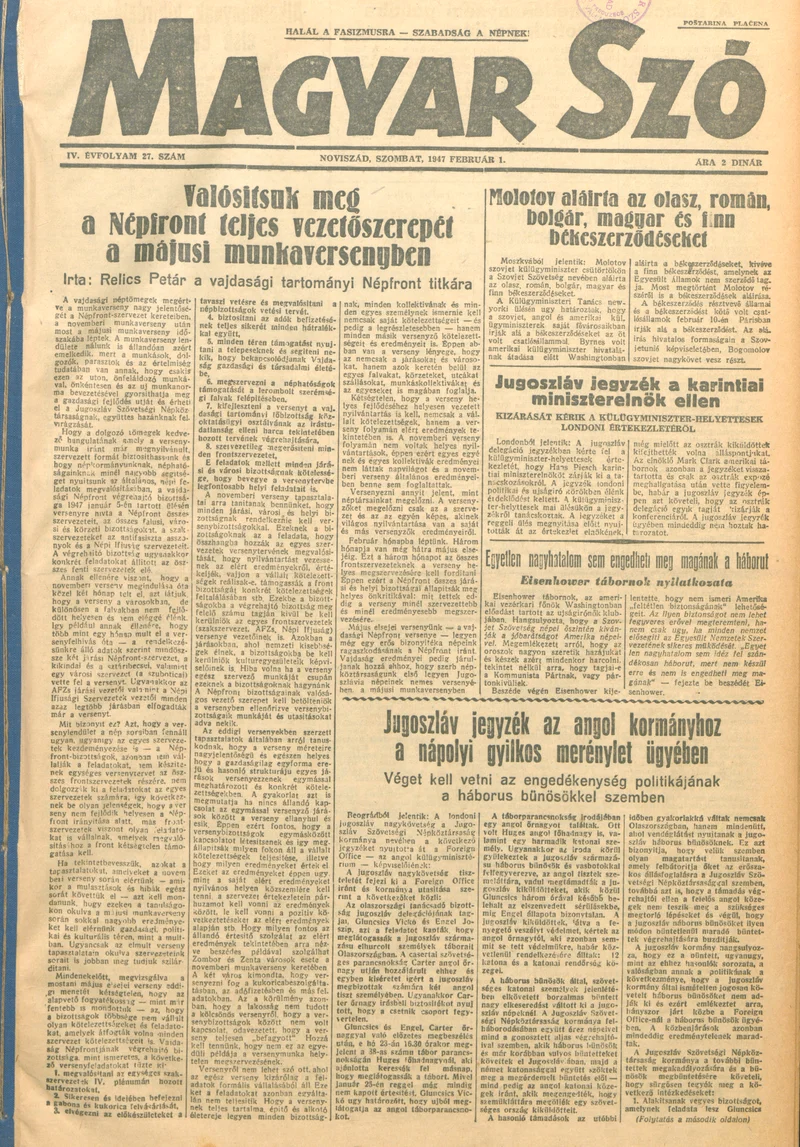 Magyar Szó, 4. évf. 1947. február 1. 1–6. oldal
