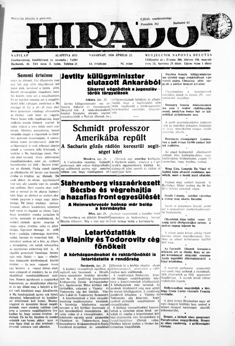 Híradó, 63. évf. 1934. április 22. 94. sz.