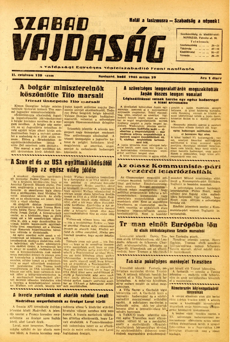 Szabad Vajdaság, 2. évf. 1945. május 29. 120. sz.