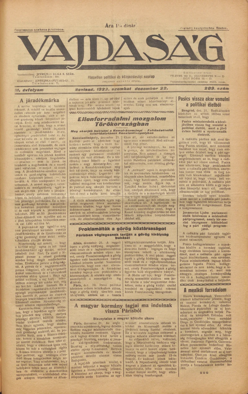Vajdaság, 3. évf. 1923. december 22. 289. sz.