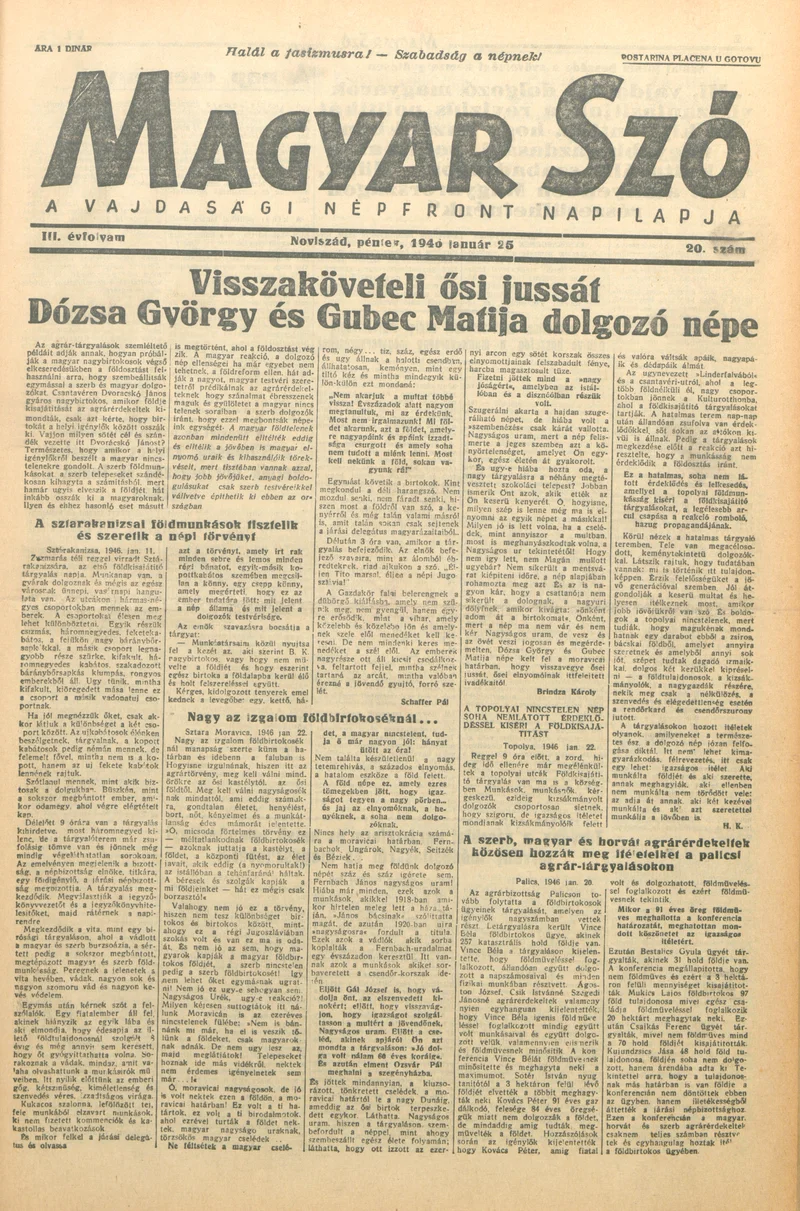 Magyar Szó, 3. évf. 1946. január 25. 20. sz. 1–4. oldal
