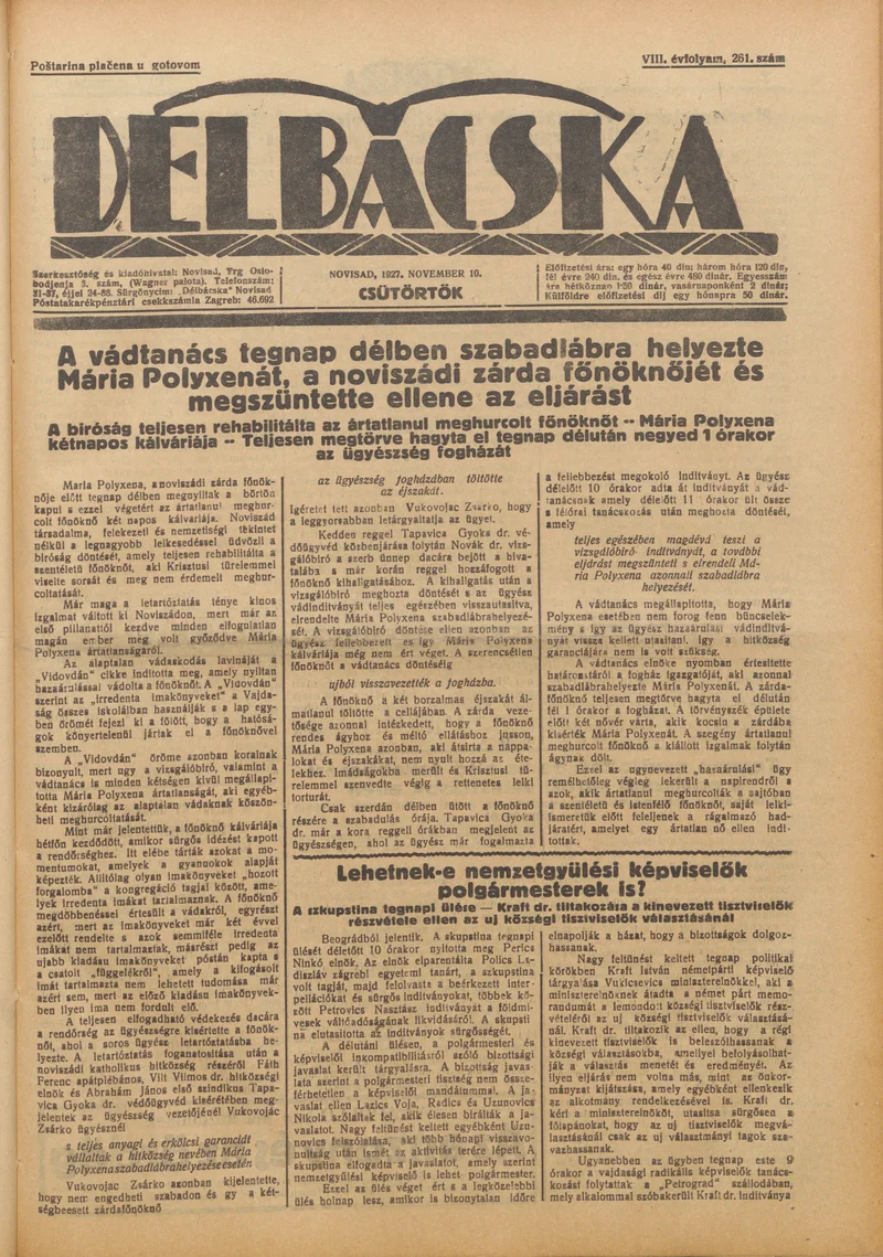 Délbácska, 8. évf. 1927. november 10. 261. sz.
