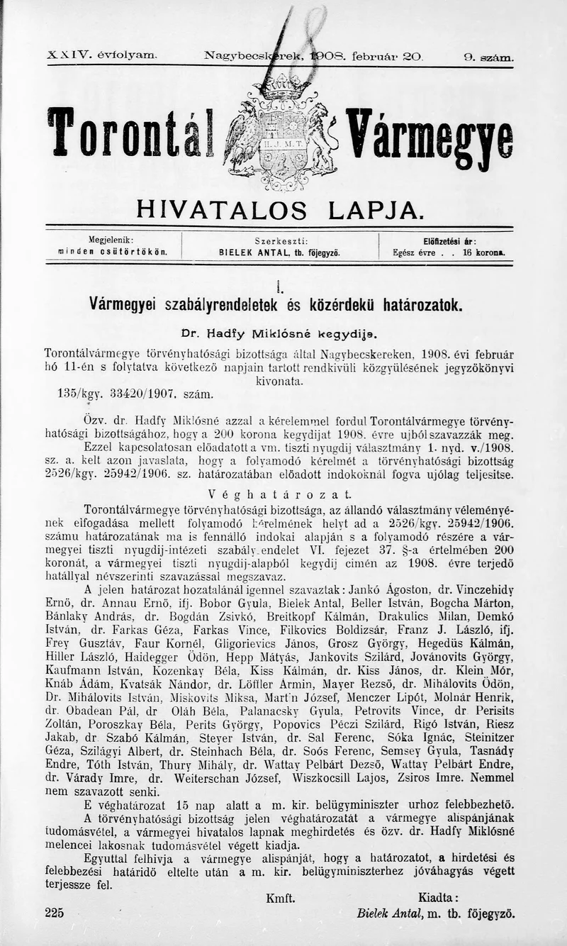 Torontál Vármegye Hivatalos Lapja, 24. évf. 1908. február 20. 9. sz.