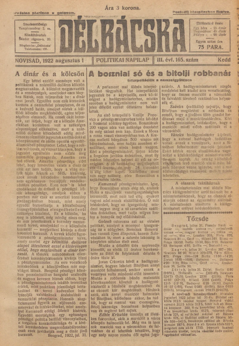 Délbácska, 3. évf. 1922. augusztus 1. 165. sz.