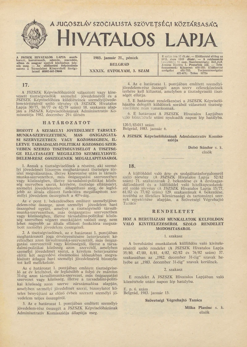 A Jugoszláv Szocialista Szövetségi Köztársaság Hivatalos Lapja, 39. évf. 1983. január 21. 3. sz. 29–44. oldal
