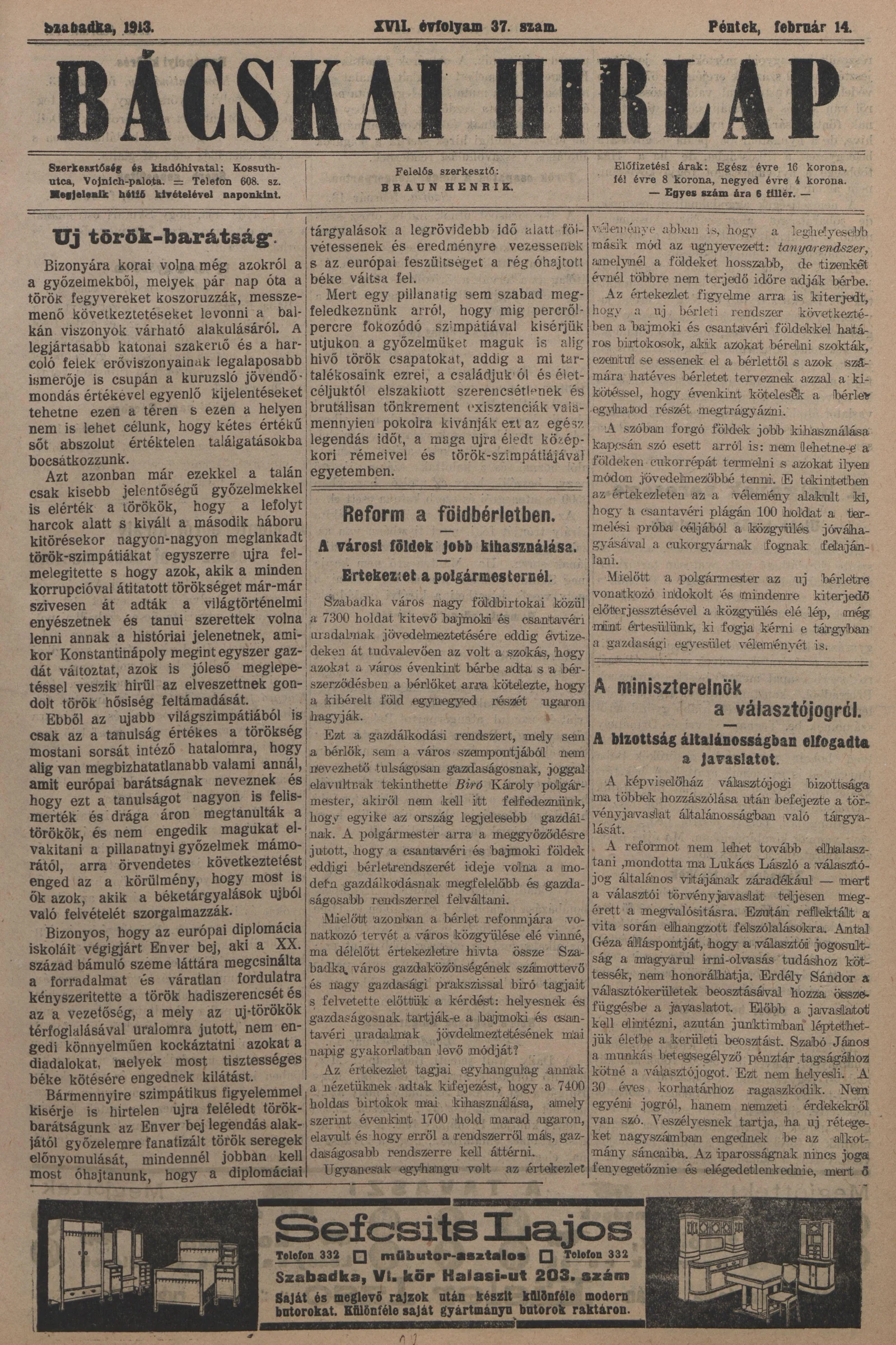 Bácskai Hirlap, 17. évf. 1913. február 14. 37. sz.