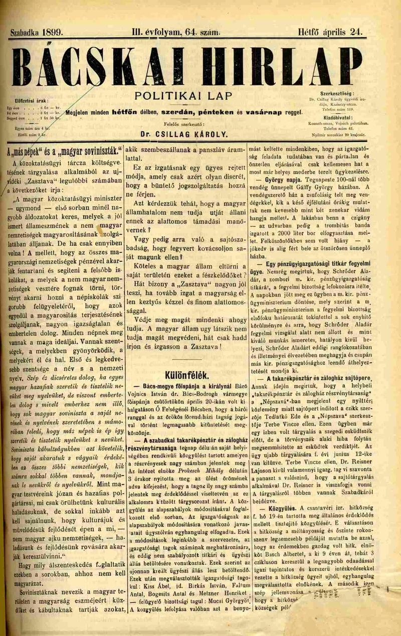Bácskai Hirlap, 3. évf. 1899. április 24. 64. sz.