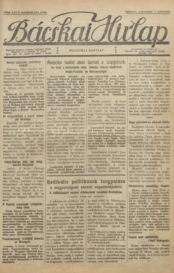 Bácskai Hirlap, 24. évf. 1920. szeptember 2. 141. sz.