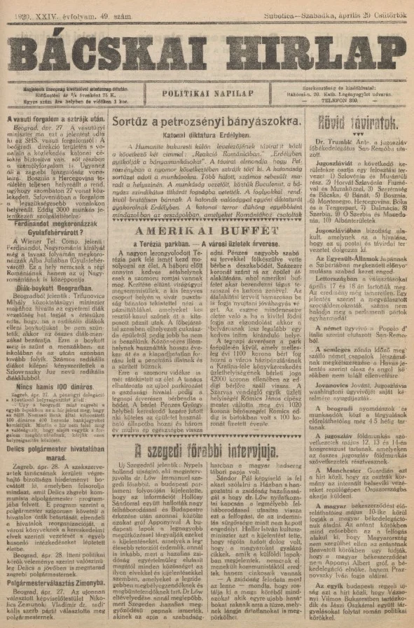 Bácskai Hirlap, 24. évf. 1920. április 29. 49. sz.